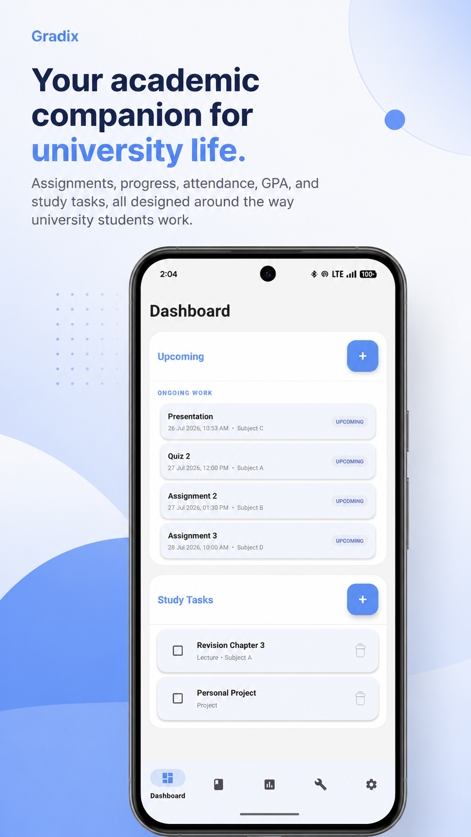Gradix Dashboard showing upcoming work and study tasks
