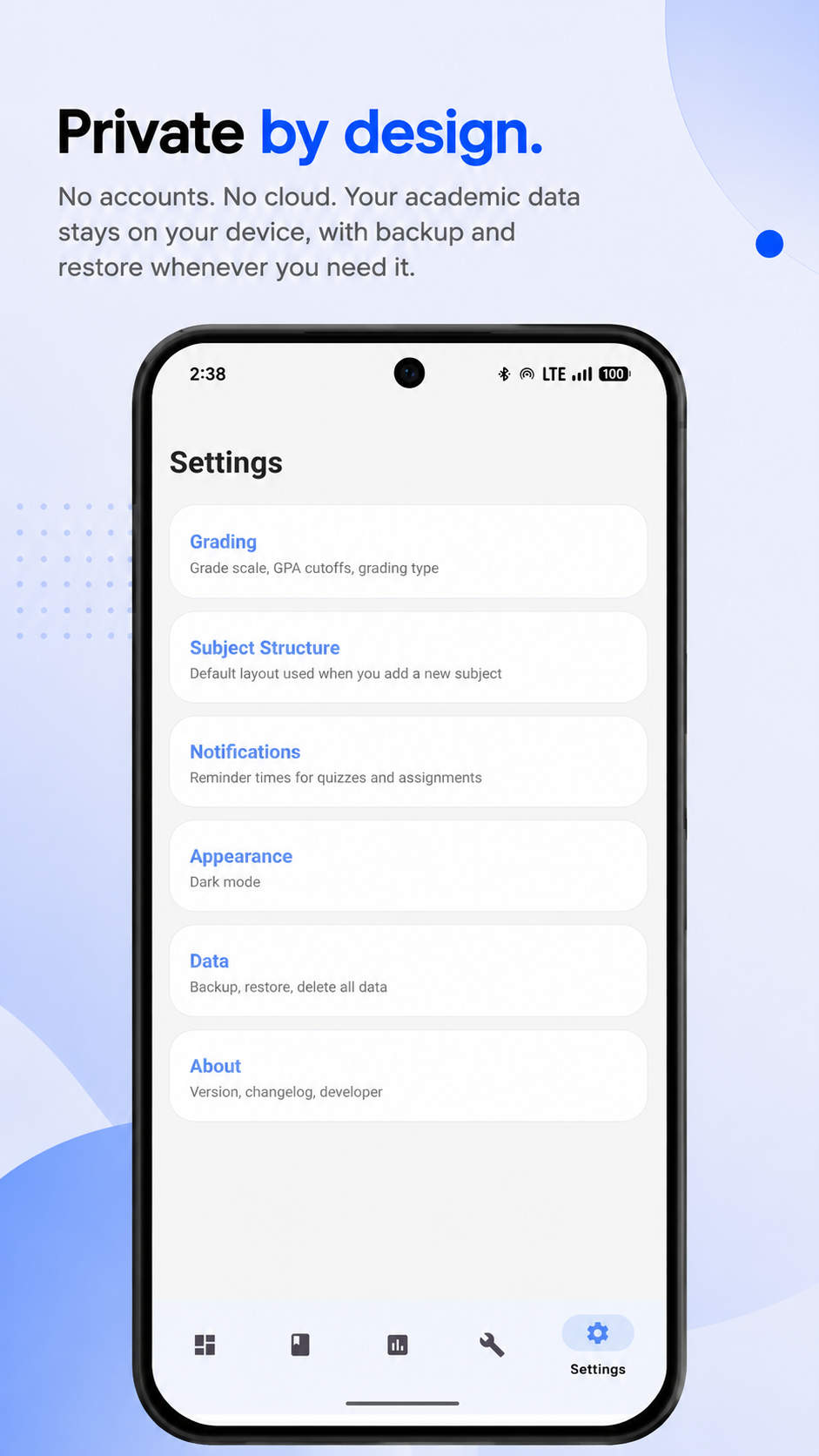 Gradix Settings screen