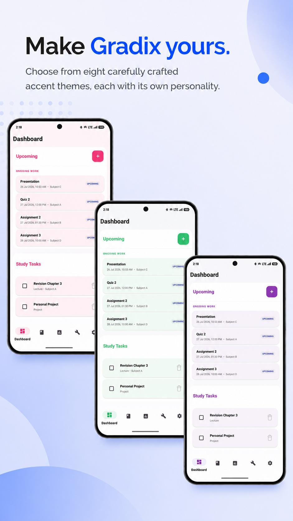 Gradix accent color picker showing multiple theme options